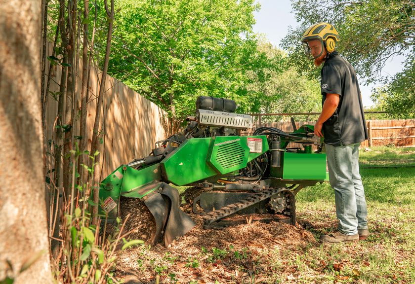 Operator running a stump grinder beside a wooden fence